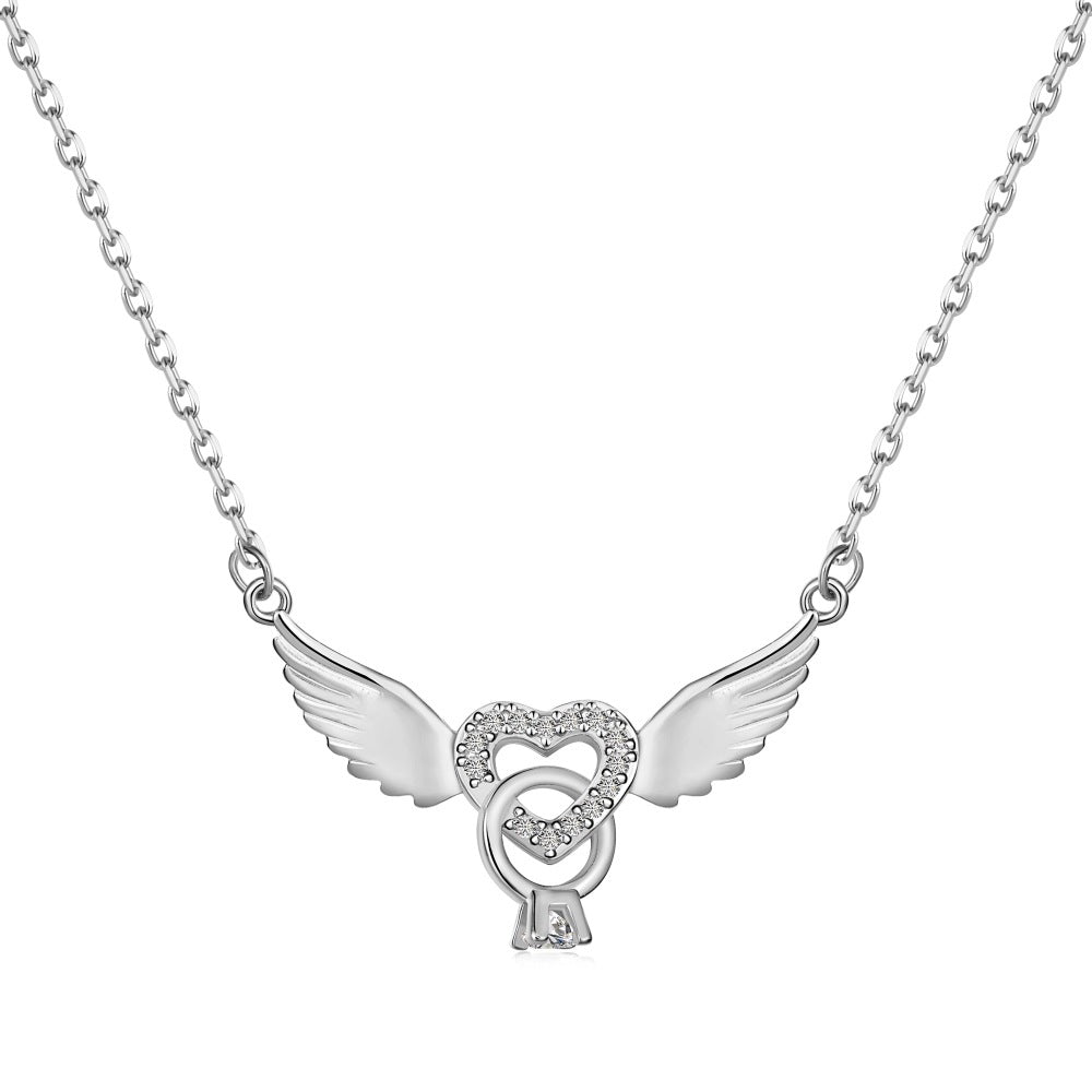 “Angel Promise” 925 Sterling Silver Winged Heart Ring Pavé Zircon Necklace