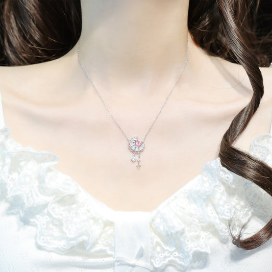 “Moonlace Reverie” S925 Sterling Silver Pink Heart Moon Lace Necklace