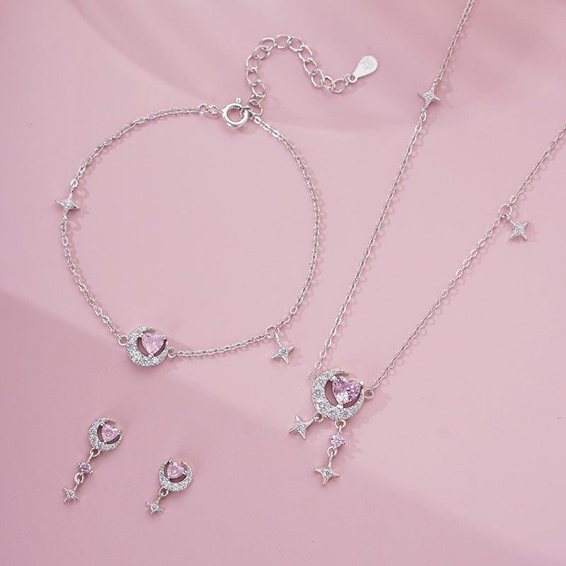 "Romantic Star River" 925 Sterling Silver Heart, Moon, and Star Necklace - Dreamy and Elegant