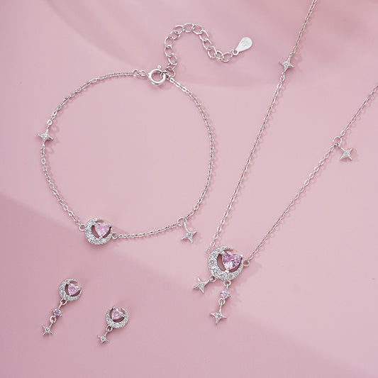 "Romantic Star River" 925 Sterling Silver Heart, Moon, and Star Necklace - Dreamy and Elegant