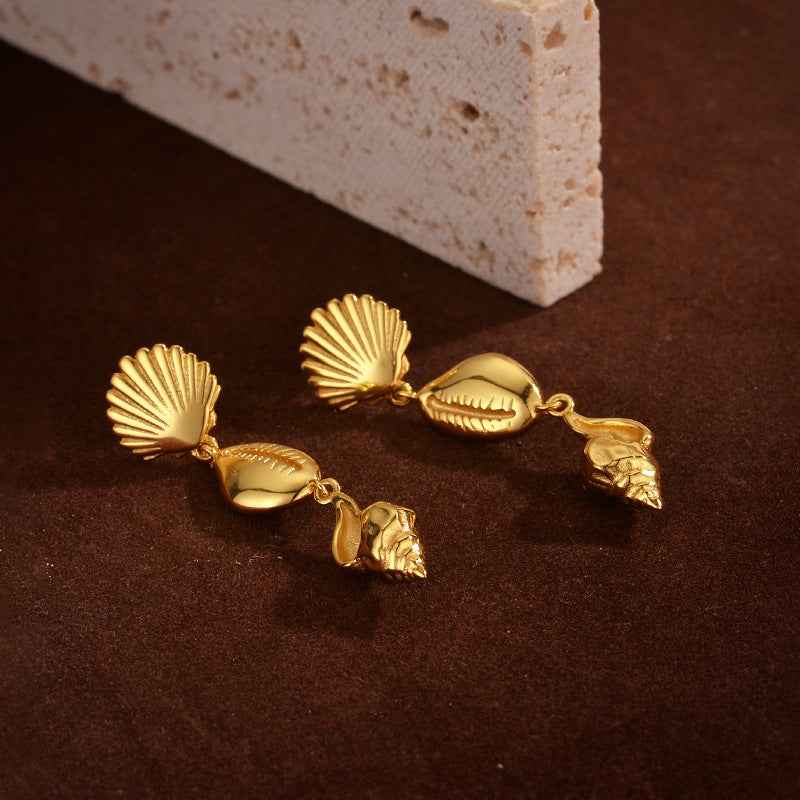"Golden Seashell Symphony" 18K Gold-Plated 925 Sterling Silver Drop Earrings