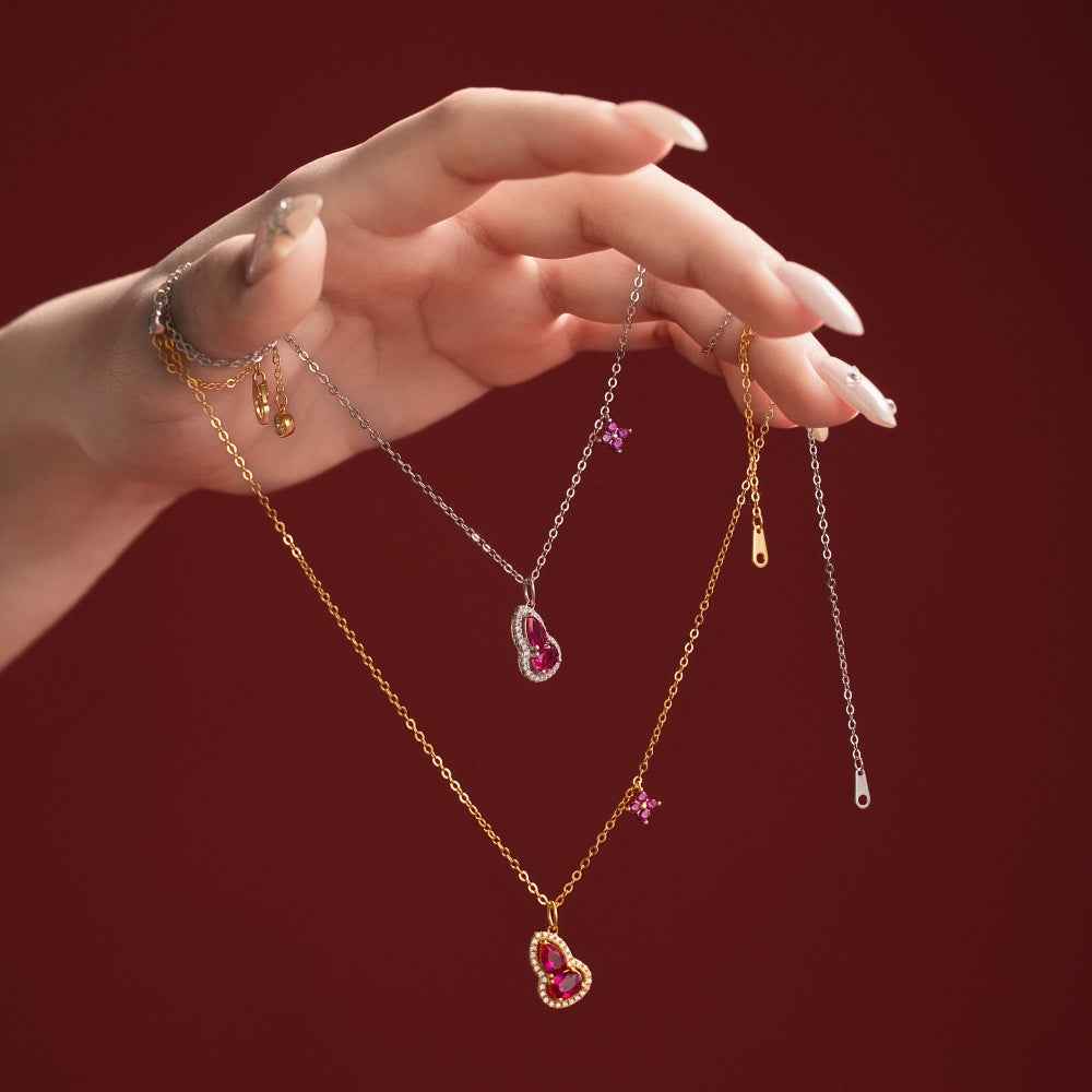 “Crimson Gourd” S925 Sterling Silver Double Drop Necklace