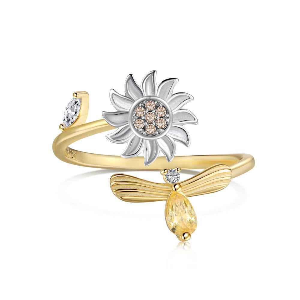 “Sunbeam Flutter” 925 Sterling Silver Rotating Sunflower Open Ring