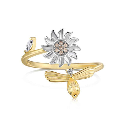 “Sunbeam Flutter” 925 Sterling Silver Rotating Sunflower Open Ring