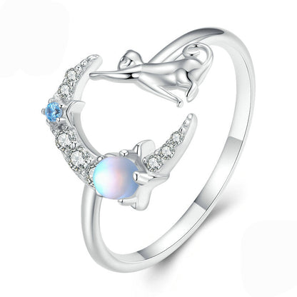 “Moonlit Kitty” S925 Sterling Silver Moonstone Cat Open Ring