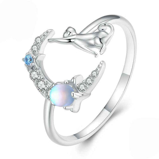 “Moonlit Kitty” S925 Sterling Silver Moonstone Cat Open Ring