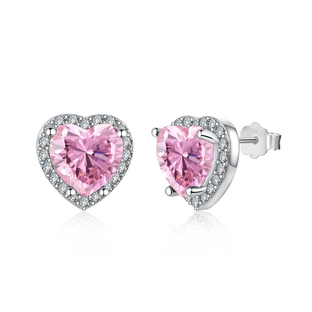 “Blush Devotion” 925 Sterling Silver Pink Heart Zircon Necklace & Stud Earrings Set