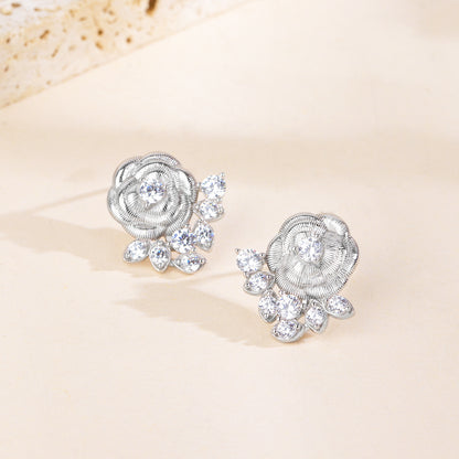 “Camellia Muse” S925 Sterling Silver Vintage Brushed Camellia Jewelry Set (Necklace & Earrings)