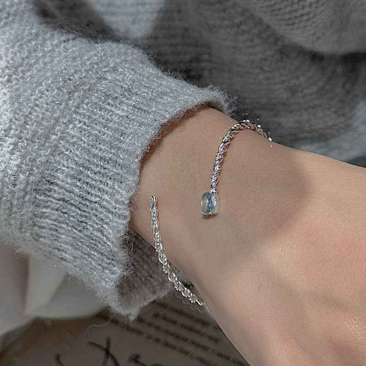 “Blue Mist” S925 Sterling Silver Aquamarine Open Bangle Bracelet