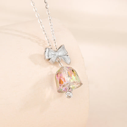 “Crystal Bell Muse” S925 Sterling Silver Bow Bell Pendant Necklace