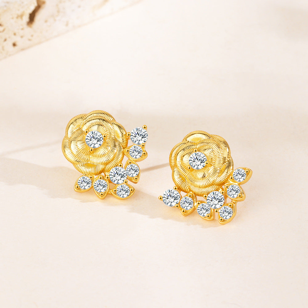 “Camellia Muse” S925 Sterling Silver Vintage Brushed Camellia Jewelry Set (Necklace & Earrings)