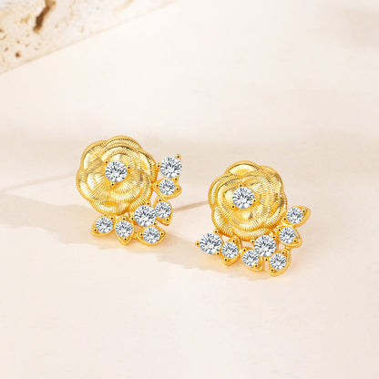 “Camellia Muse” S925 Sterling Silver Vintage Brushed Camellia Jewelry Set (Necklace & Earrings)