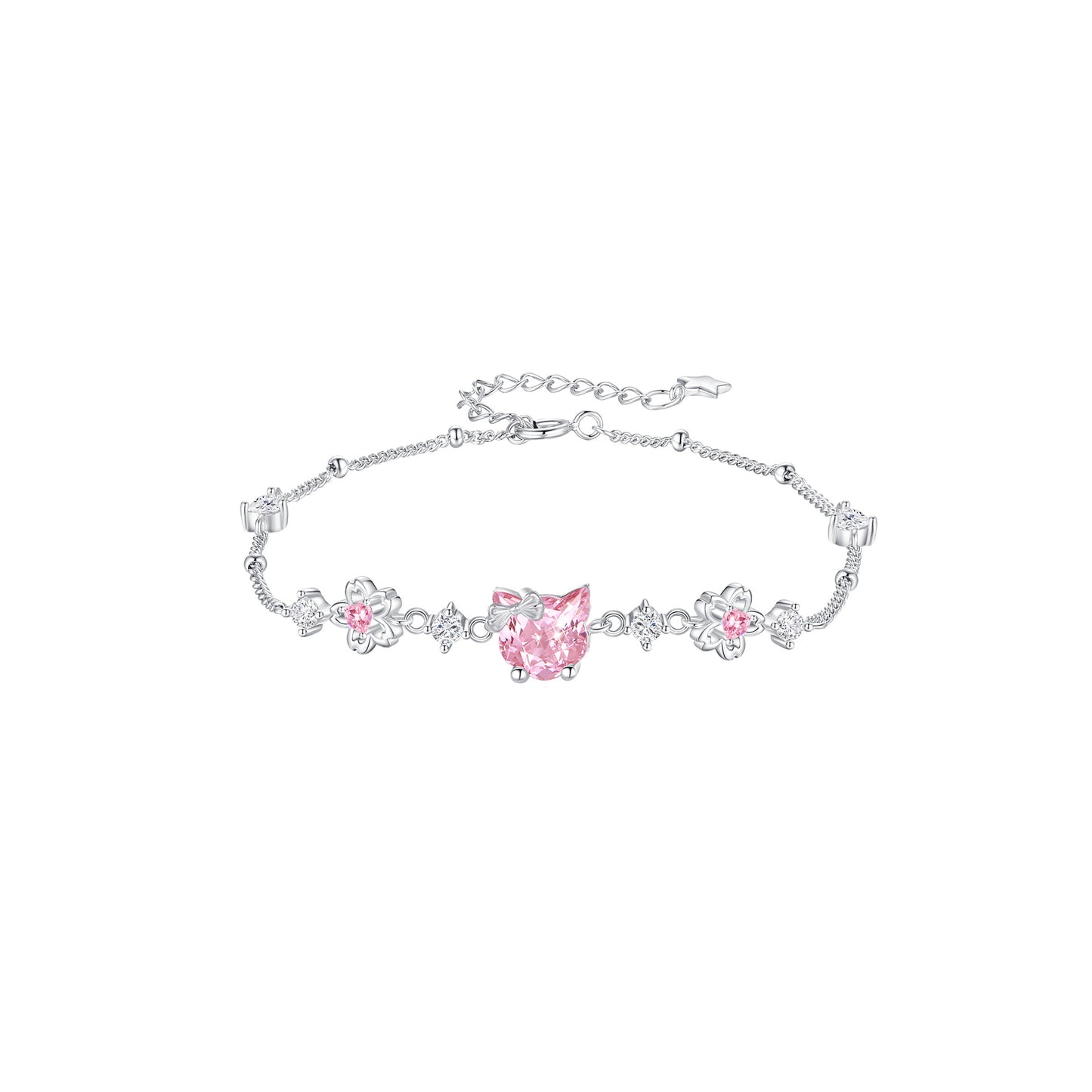 “Sakura Kitty” 925 Sterling Silver Pink Zircon Cat Necklace & Bracelet Set