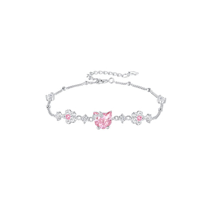 “Sakura Kitty” 925 Sterling Silver Pink Zircon Cat Necklace & Bracelet Set