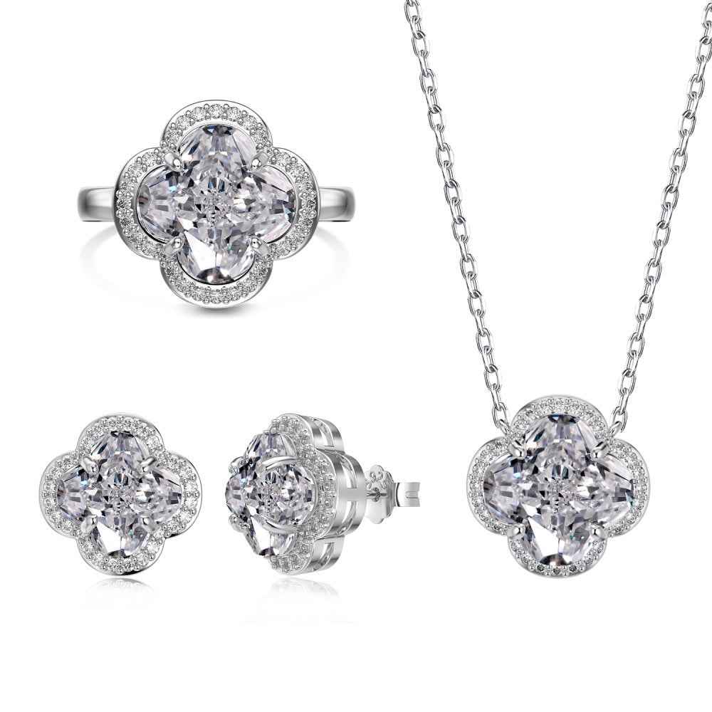“Clover Brilliance” S925 Sterling Silver Pavé Clover Jewelry Set (Necklace, Earrings & Ring)