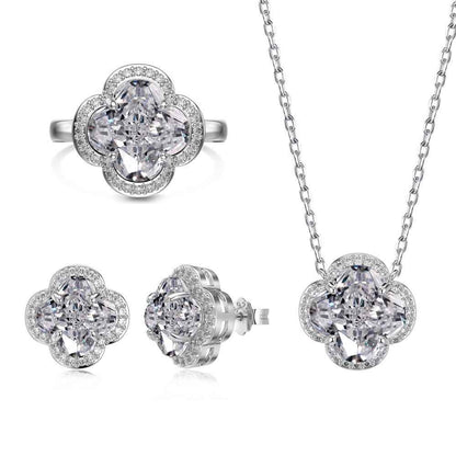 “Clover Brilliance” S925 Sterling Silver Pavé Clover Jewelry Set (Necklace, Earrings & Ring)