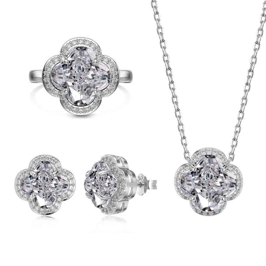 “Clover Brilliance” S925 Sterling Silver Pavé Clover Jewelry Set (Necklace, Earrings & Ring)