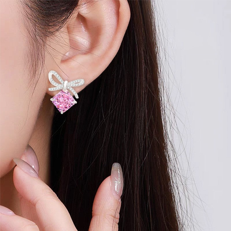 “Blush Ribbon” S925 Sterling Silver Pink Ice-Cut Bow Jewelry Set (Necklace & Earrings)