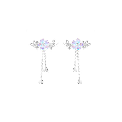 “Sakura Flutter” S925 Sterling Silver Cherry Blossom Tassel Jewelry Set