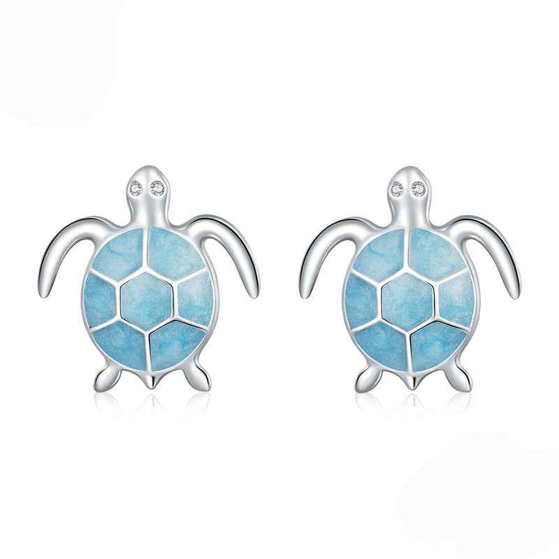 “Azure Turtle” S925 Sterling Silver Blue Enamel Sea Turtle Stud Earrings