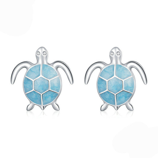 “Azure Turtle” S925 Sterling Silver Blue Enamel Sea Turtle Stud Earrings