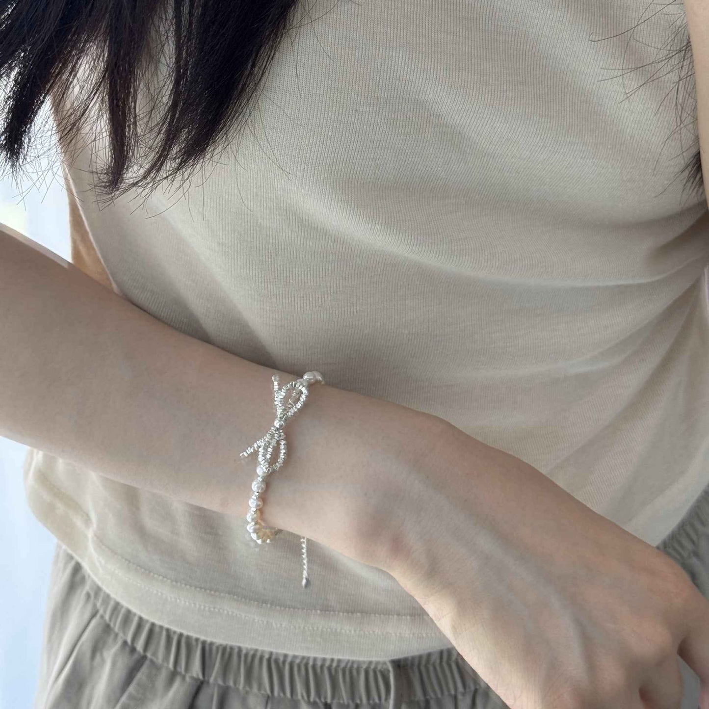 "Sweet Pearl Bow" 925 Sterling Silver Fragmented Chain Bracelet