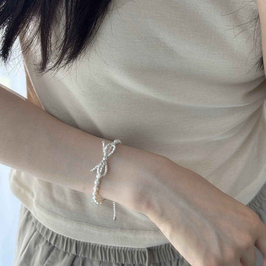 "Sweet Pearl Bow" 925 Sterling Silver Fragmented Chain Bracelet