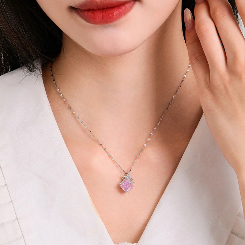“Blush Ribbon” S925 Sterling Silver Pink Ice-Cut Bow Jewelry Set (Necklace & Earrings)