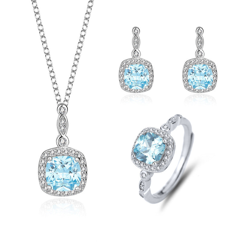 “Ocean Lumière” 925 Sterling Silver Blue Zircon Halo Jewelry Set