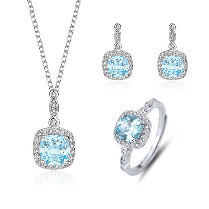 “Ocean Lumière” 925 Sterling Silver Blue Zircon Halo Jewelry Set