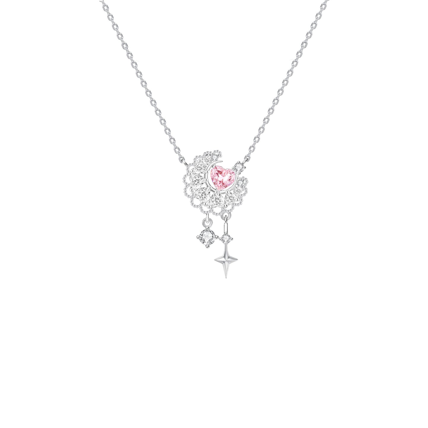 “Moonlace Reverie” S925 Sterling Silver Pink Heart Moon Lace Necklace