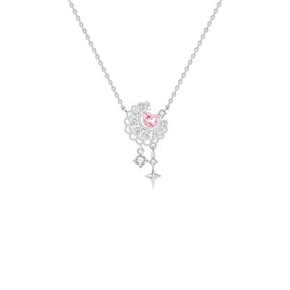 “Moonlace Reverie” S925 Sterling Silver Pink Heart Moon Lace Necklace
