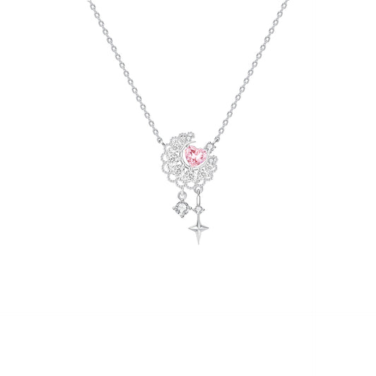 “Moonlace Reverie” S925 Sterling Silver Pink Heart Moon Lace Necklace