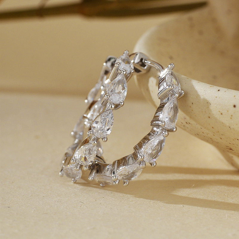 "Crystal Raindrop" 925 Sterling Silver Teardrop Zircon Hoop Earrings