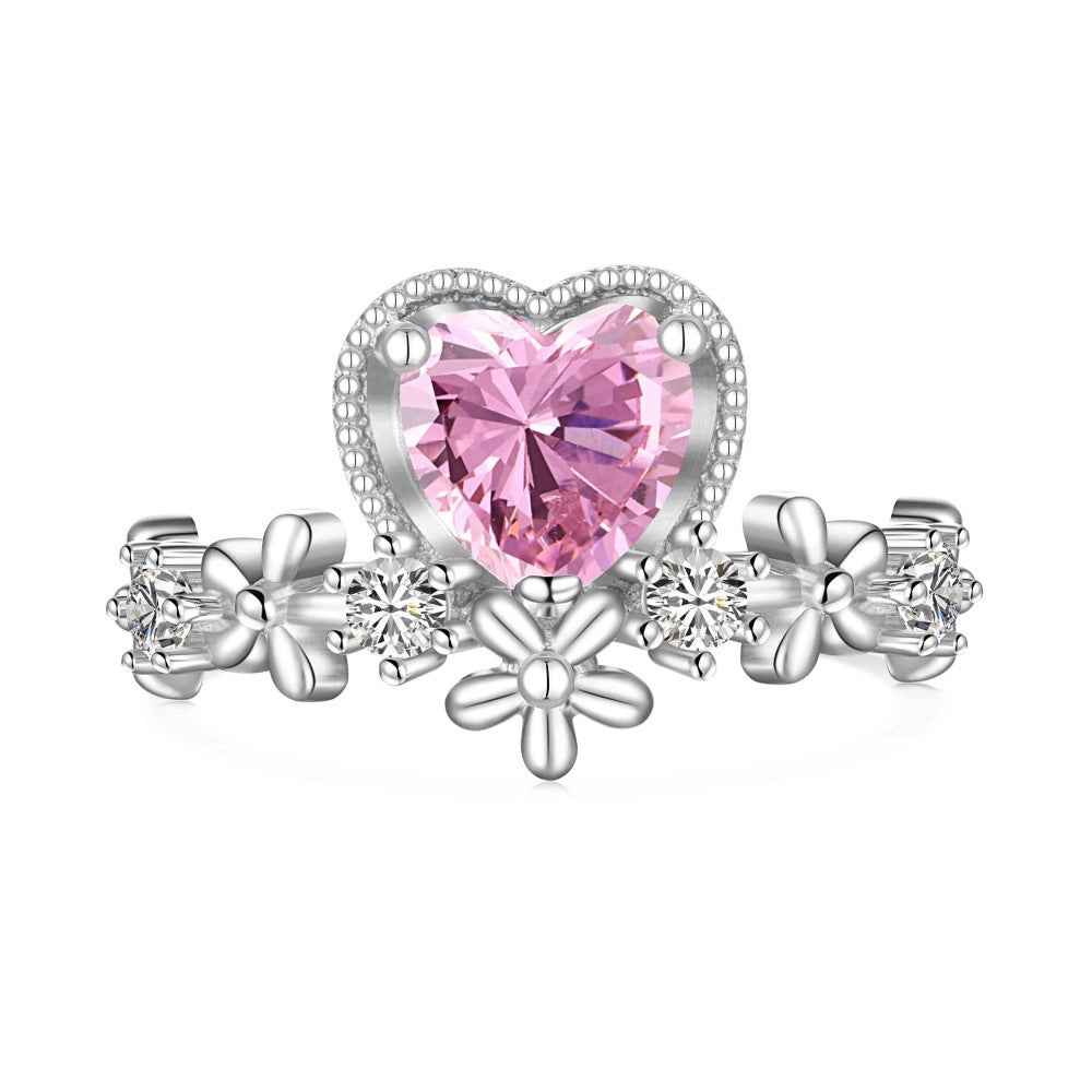 “Blossom Amour” 925 Sterling Silver Pink Heart & Floral Ring
