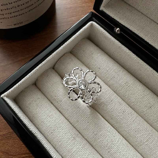 "Bloom Petite" 925 Sterling Silver Adjustable Floral Zircon Ring