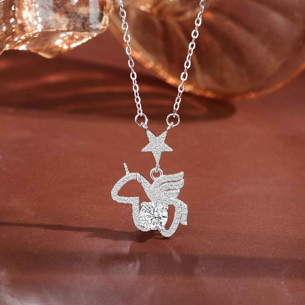 “Starlit Pegasus” 925 Sterling Silver Moissanite Unicorn Pendant Necklace