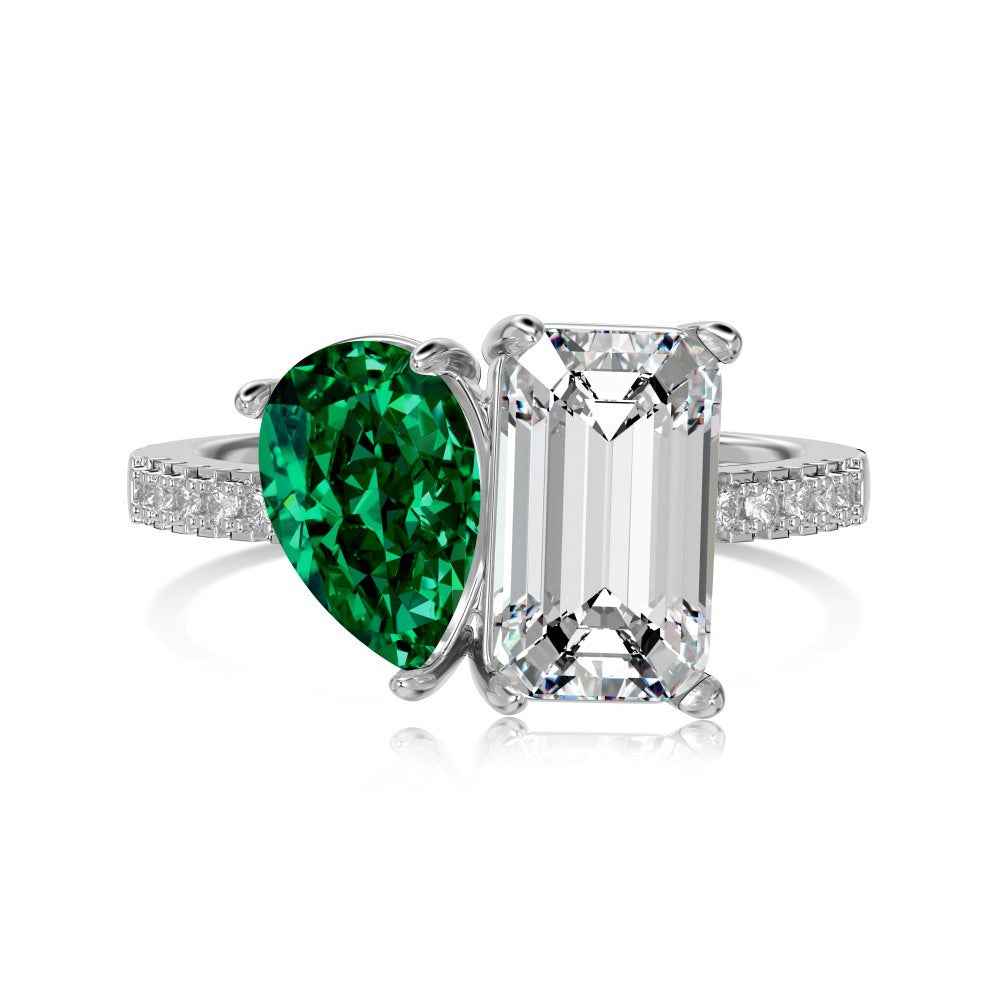 “Dual Lumina” 925 Sterling Silver Dual-Stone Pear & Emerald-Cut Ring