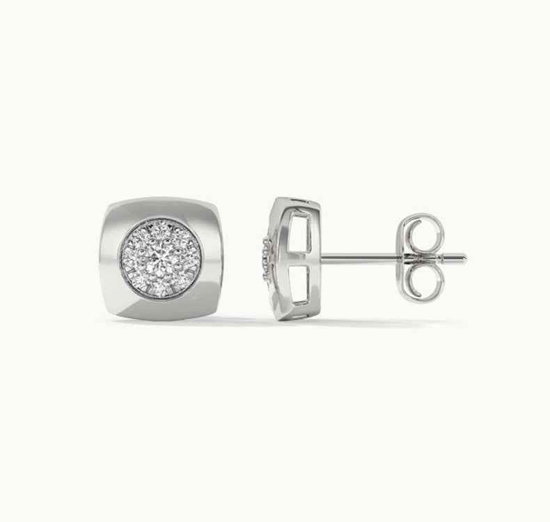 “Modern Frame” 925 Sterling Silver Square Pavé Stud Earrings & Adjustable Ring Set