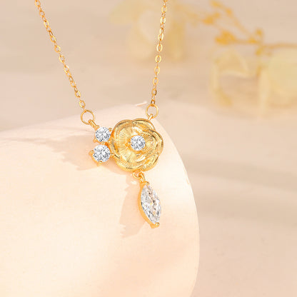 “Camellia Muse” S925 Sterling Silver Vintage Brushed Camellia Jewelry Set (Necklace & Earrings)