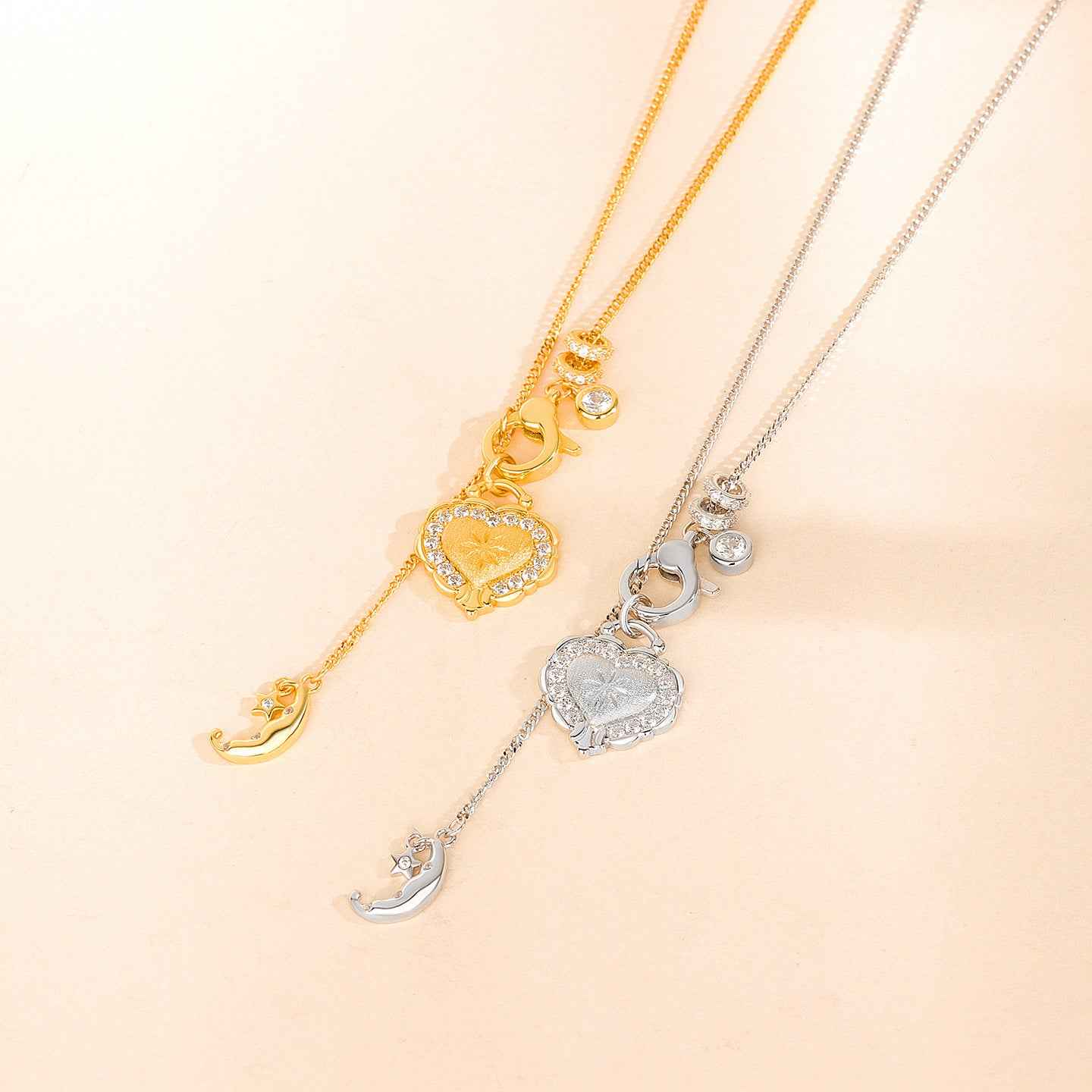 “Moonlit Heartfall” 925 Sterling Silver Star Moon Heart Pendant Necklace