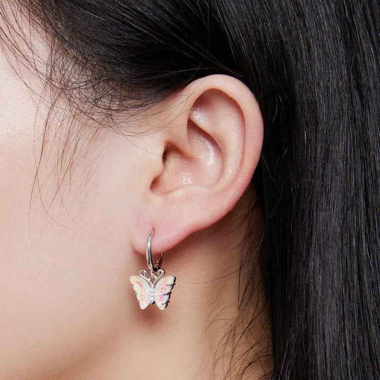 “Aurora Flutter” 925 Sterling Silver Iridescent Butterfly Huggie Earrings