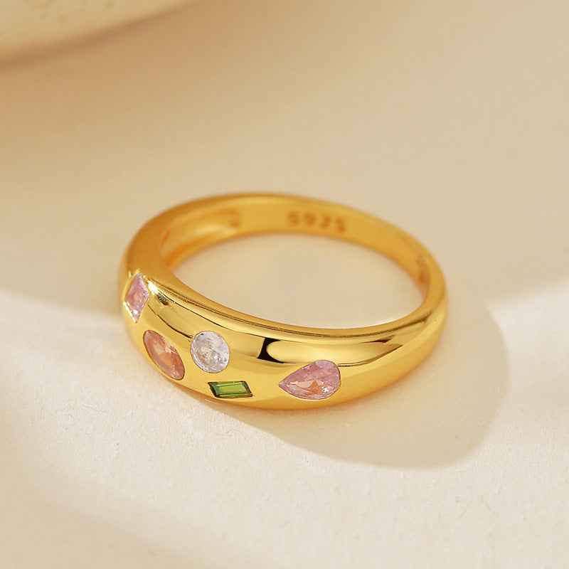 "Gem Symphony" 18K Gold / Platinum-Plated 925 Sterling Silver Multi-Color Zircon Ring