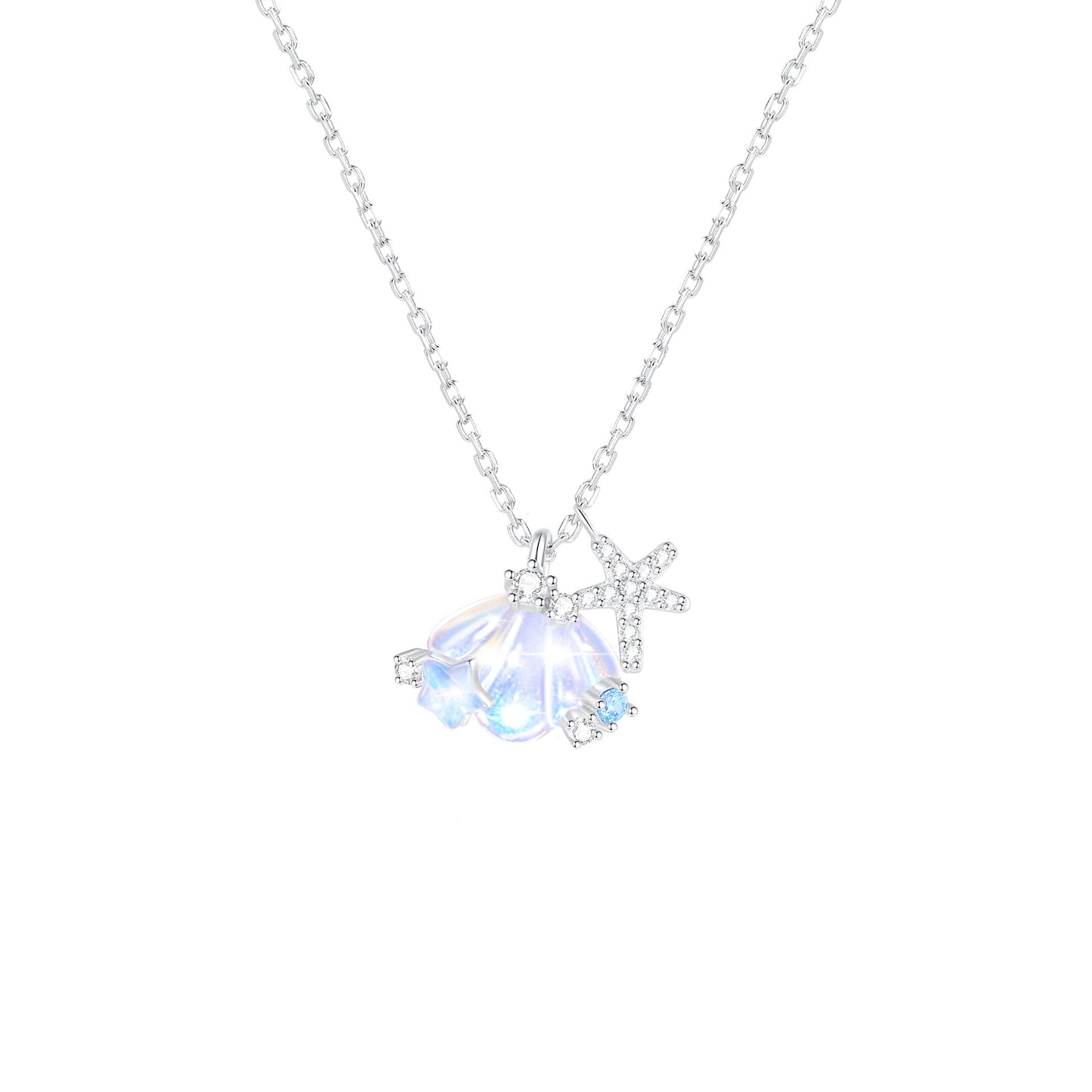 “Tidal Glow” S925 Sterling Silver Opalescent Shell & Starfish Jewelry Set (Necklace & Bracelet)