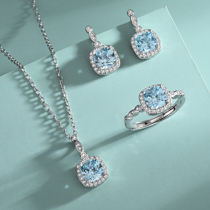 “Ocean Lumière” 925 Sterling Silver Blue Zircon Halo Jewelry Set