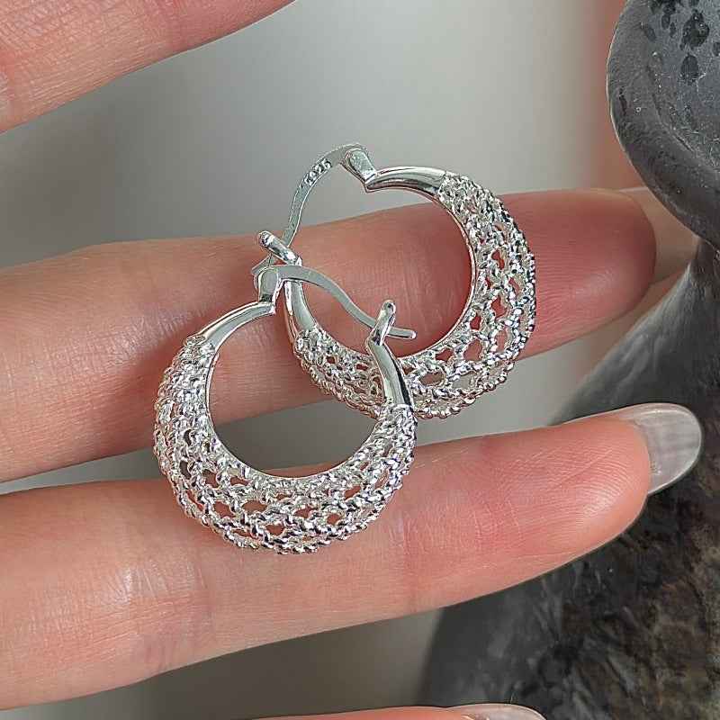 “Silver Weave” S925 Sterling Silver Textured Hoop Earrings