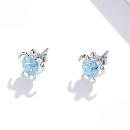 “Azure Turtle” S925 Sterling Silver Blue Enamel Sea Turtle Stud Earrings