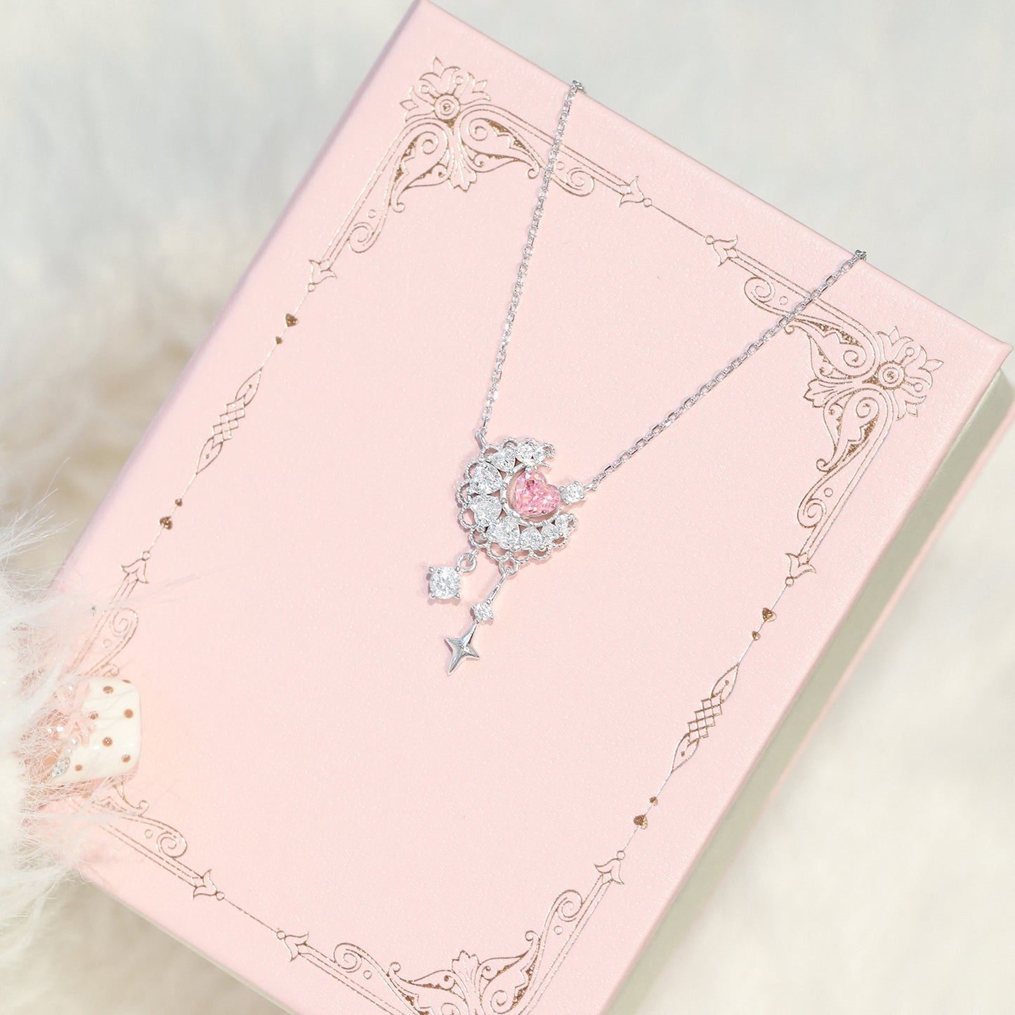 “Moonlace Reverie” S925 Sterling Silver Pink Heart Moon Lace Necklace