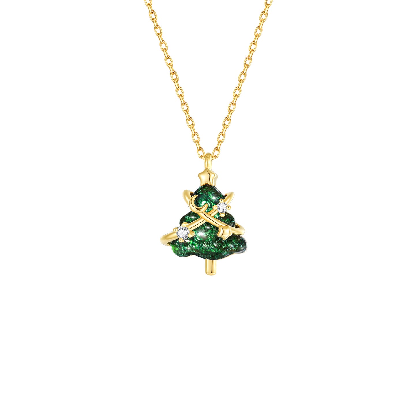 "Starlit Evergreen" 925 Sterling Silver Enamel Christmas Tree Necklace