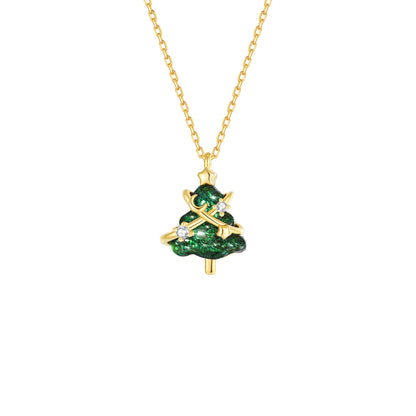"Starlit Evergreen" 925 Sterling Silver Enamel Christmas Tree Necklace